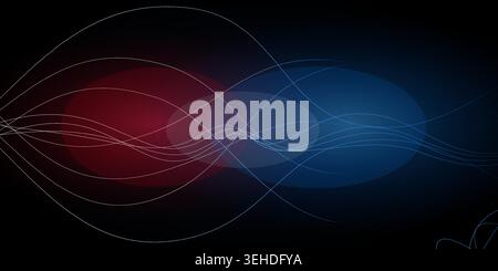 Abstract glowing light waves flowing over red and blue gradient ellipse shapes Stock Vector