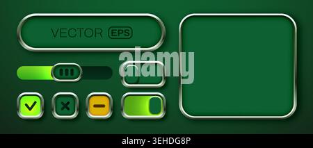 Modern green UI interface elements with metallic frames for website and app design. Vector illustration Stock Vector