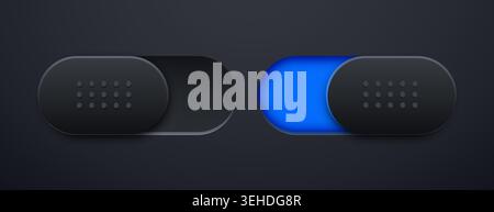 Modern dark mode toggle switches with blue glowing activation. UI element for interface design. Vector illustration. Stock Vector