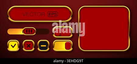 Set of luxury red and gold user interface elements. Premium web buttons and toggle switches. Vector illustration Stock Vector