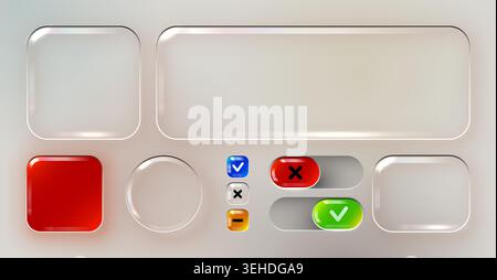 Glassmorphism UI elements set with buttons and switches for modern interface design. Vector illustration Stock Vector