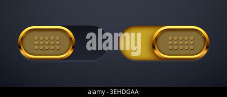 Golden UI toggle switches in on and off positions. Modern interface elements for web and app. Vector illustration Stock Vector