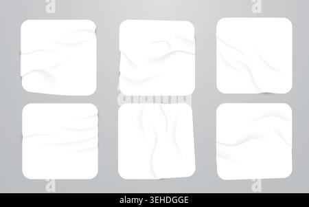 Set of blank wrinkled paper square stickers. Empty white adhesive labels for your design. Vector illustration Stock Vector