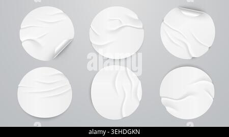 Set of wrinkled round white sticker templates with peeled edges on a grey background. Vector illustration. Stock Vector