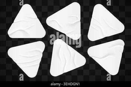 Set of wrinkled triangle paper stickers with adhesive texture for branding mockups. Vector illustration. Stock Vector