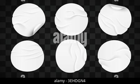 Set of wrinkled white circular stickers on transparent background. Adhesive label mockup. Vector illustration Stock Vector