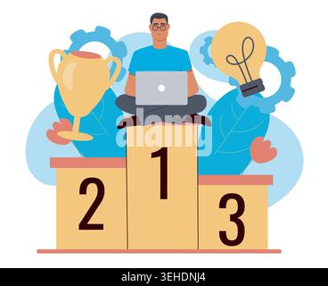 Man on podium with laptop. Vector illustration Stock Vector