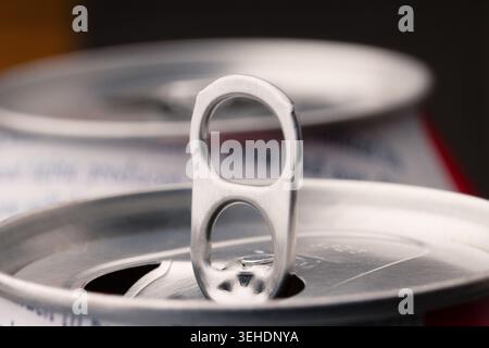 Close-up of aluminum soda can tab, macro of open metal beverage can with copy space Stock Photo