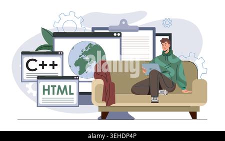 Developer studying on sofa. Vector illustration Stock Vector