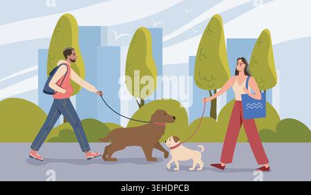 People walking dogs outdoors. Vector illustration Stock Vector