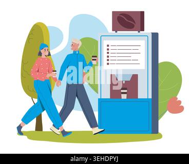 Couple at coffee vending machine. Vector illustration Stock Vector
