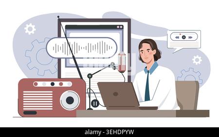 Radio host at creative desk. Vector illustration Stock Vector