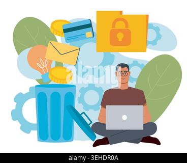 Man with laptop and icons. Vector illustration Stock Vector