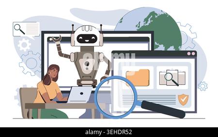 Robot helping woman at computer. Vector illustration Stock Vector