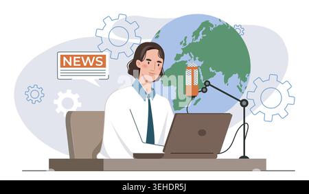 News podcaster at desk. Vector illustration Stock Vector