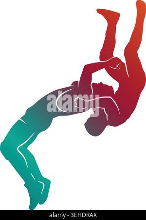 Dynamic wrestling partners silhouette executing a dramatic suplex throw, featuring a vibrant red to teal color gradient on a white background Stock Vector