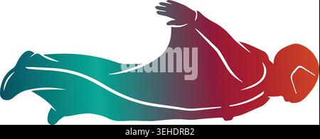 Dynamic wingsuit flyer silhouette gliding through the air in free fall, featuring a vibrant red to teal color gradient on a white background Stock Vector