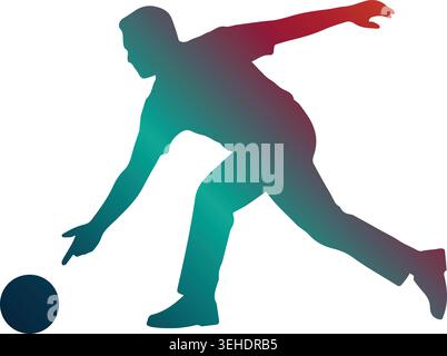 Dynamic bowling player silhouette releasing a bowling ball down the lane, featuring a vibrant red to teal color gradient on a white background Stock Vector