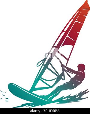 Dynamic windsurfer silhouette riding on water with a large wind sail and board, featuring a vibrant red to teal color gradient on a white background Stock Vector