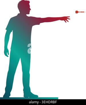 Dynamic darts player silhouette throwing a flying dart arrow target, featuring a vibrant red to teal color gradient isolated on a white background Stock Vector
