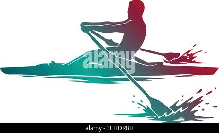 Dynamic rowing athlete silhouette paddling a kayak with oars and water splashes, featuring a vibrant red to teal color gradient on a white background Stock Vector