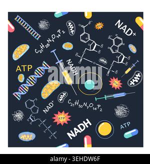 Seamless pattern. Longevity biotech & Cellular Health. Biohacking background with syringe, pills, DNA, cells, NADH, NAD+, ATP molecules and mitochondr Stock Vector