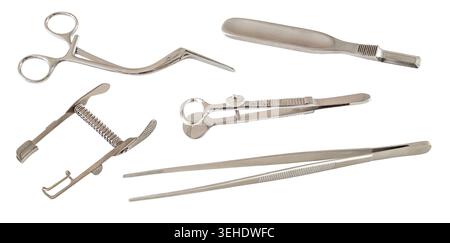 set of various metal surgical instruments isolated on white background Stock Photo
