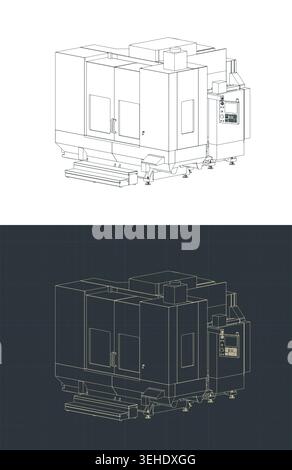 CNC machine vertical machining center horizontal milling and boring isometric blueprints: stylized vector illustrations Stock Vector