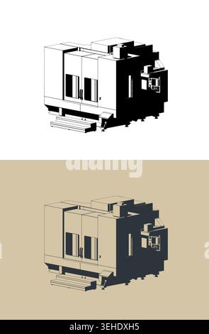 CNC machine vertical machining center horizontal milling and boring isometric stylized vector illustrations Stock Vector
