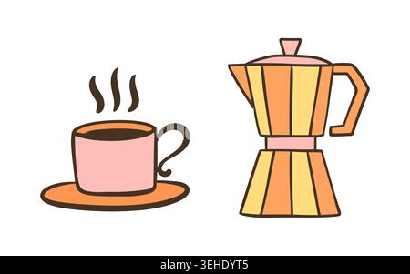 Coffee cup and moka pot doodle illustration set Stock Vector