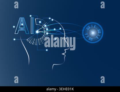 AI And Artificial Intelligence Technology Concept With Human Head Silhouette, Neural Network And Vision. Stock Vector