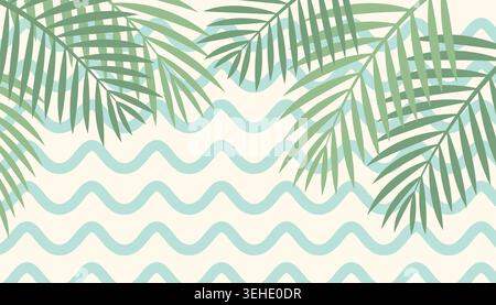 Tropical palm leaves frame on a wavy background summer vacation concept, flat lay style, vector illustration for banner or poster design Stock Vector