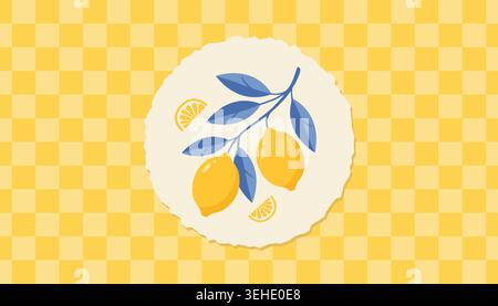 Vector illustration of a lemon branch with fresh yellow lemons and blue leaves on a checkered yellow background Stock Vector