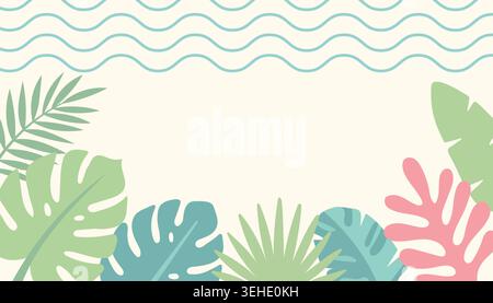 Tropical summer background with colorful palm leaves and wavy lines Stock Vector