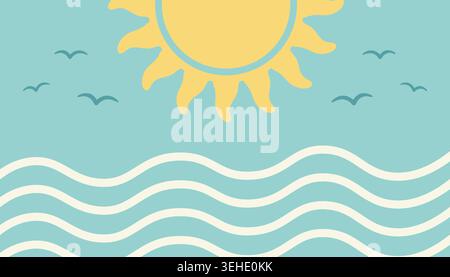 Summer beach background with sun and waves, flat vector illustration Stock Vector