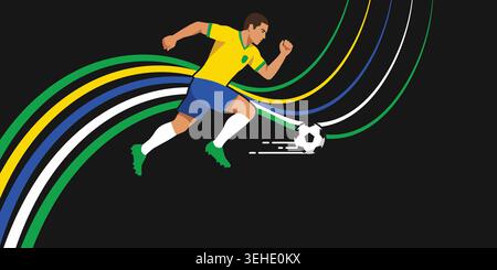 Soccer player running with a ball on a with colorful dynamic lines representing speed and motion Stock Vector