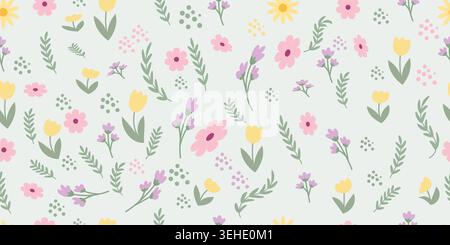 Seamless pattern with cute spring flowers and leaves on a light green background Stock Vector