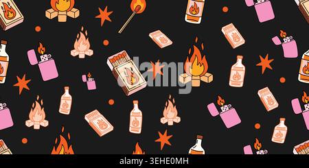 Seamless pattern with firerelated elements campfires, matchboxes, lighters, and bottles Stock Vector