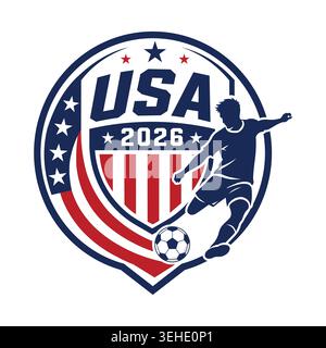 Usa 2026 soccer tournament logo, vector illustration of a football player kicking a ball with american flag elements Stock Vector
