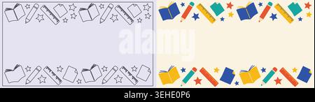 School supplies border with books, pencils, rulers and stars, seamless pattern design for education concept, vector illustration Stock Vector