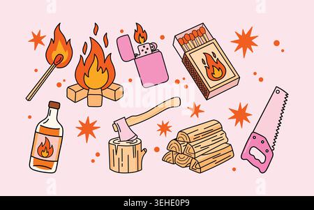 Camping and fire equipment vector set collection of bonfire, matches, lighter, axe, firewood, saw and fuel bottle for outdoor activities Stock Vector