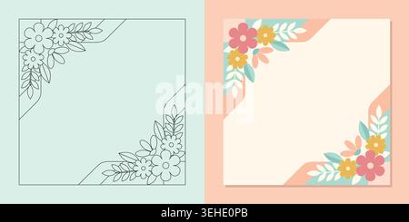 Floral corner frames set with outline and colored versions Stock Vector
