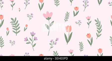 Seamless pattern with cute handdrawn flowers, leaves, and floral elements on a soft pink background Stock Vector