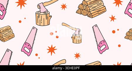 Seamless pattern with axes, saws and firewood logs cute lumberjack tools background vector illustration Stock Vector