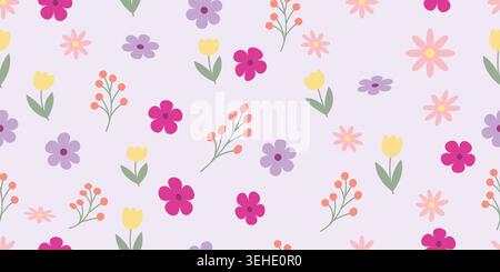 Seamless pattern with cute handdrawn flowers and berries on a light purple background Stock Vector