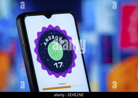 Dhaka, Bangladesh - 24 May 2026: The logo of the Android 17 is displayed on a smartphone screen Stock Photo