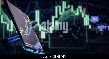 Close-up of a tablet displaying a trading chart against a blurred financial market candlestick background, concept of technical analysis, market monit Stock Photo