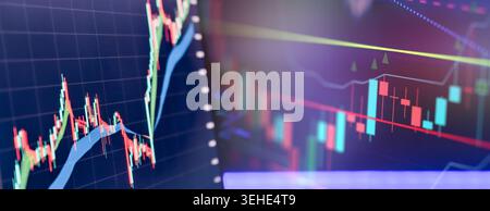Detailed macro shot of a computer monitor displaying financial charts, candlestick indicators, and data analysis. Stock Photo