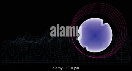 A futuristic digital illustration of a purple sphere with a broken pie chart on a black background with blue and pink lines Stock Vector