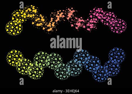 Colorful heart shaped particles forming wavy lines on black background Stock Vector